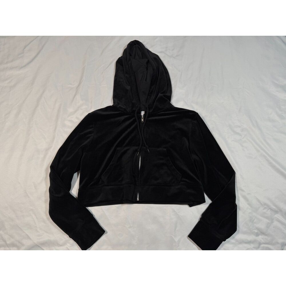 Colsie Target Black Velour Cropped ZipUp Hoodie Jacket Women's Size L Velvet Y2K
